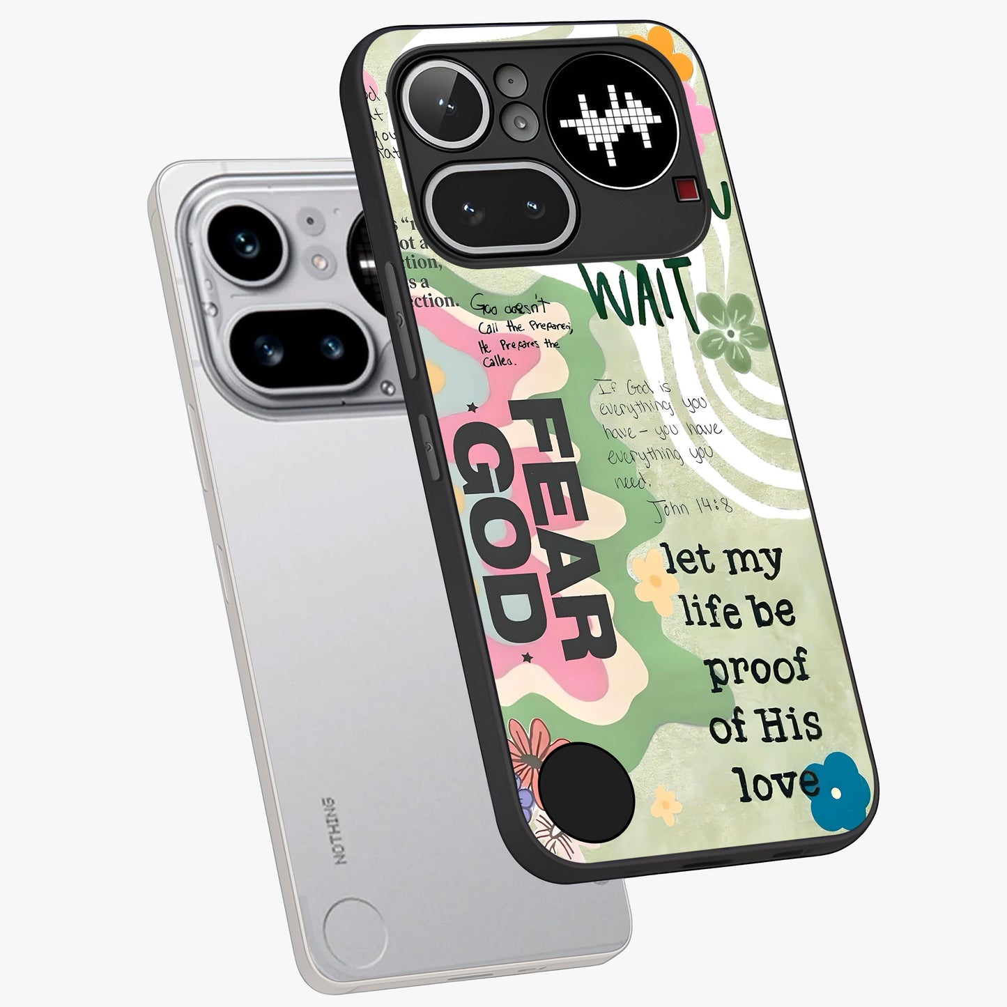 Faith Over Fear Glass Case displayed in angled mockup highlighting inspirational message design with modern aesthetic style.