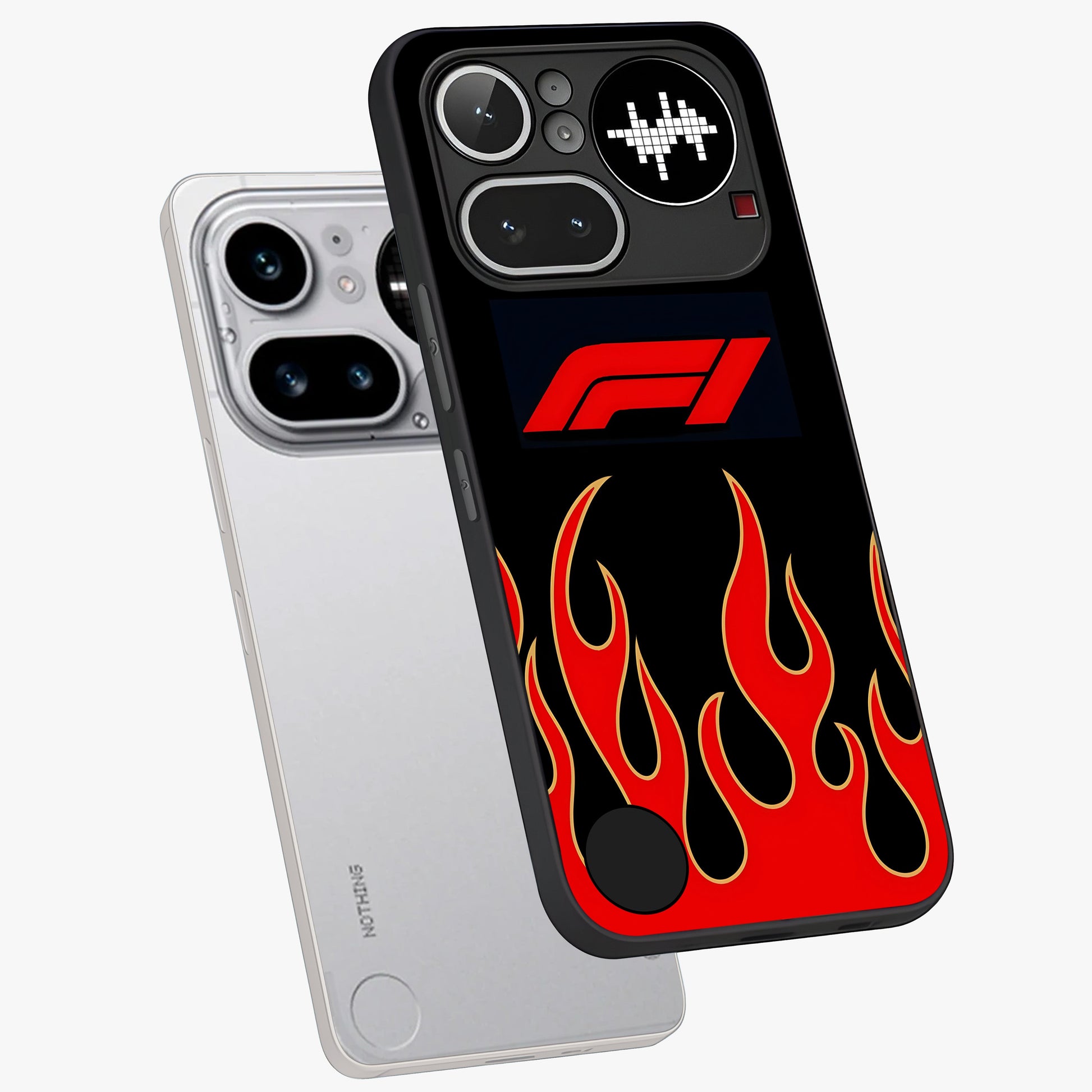 Fire F11 Glass Case displayed in angled mockup highlighting bold fire inspired graphic with energetic aesthetic style.