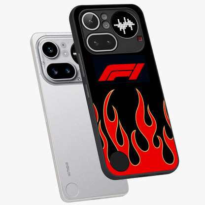 Fire F11 Glass Case displayed in angled mockup highlighting bold fire inspired graphic with energetic aesthetic style.