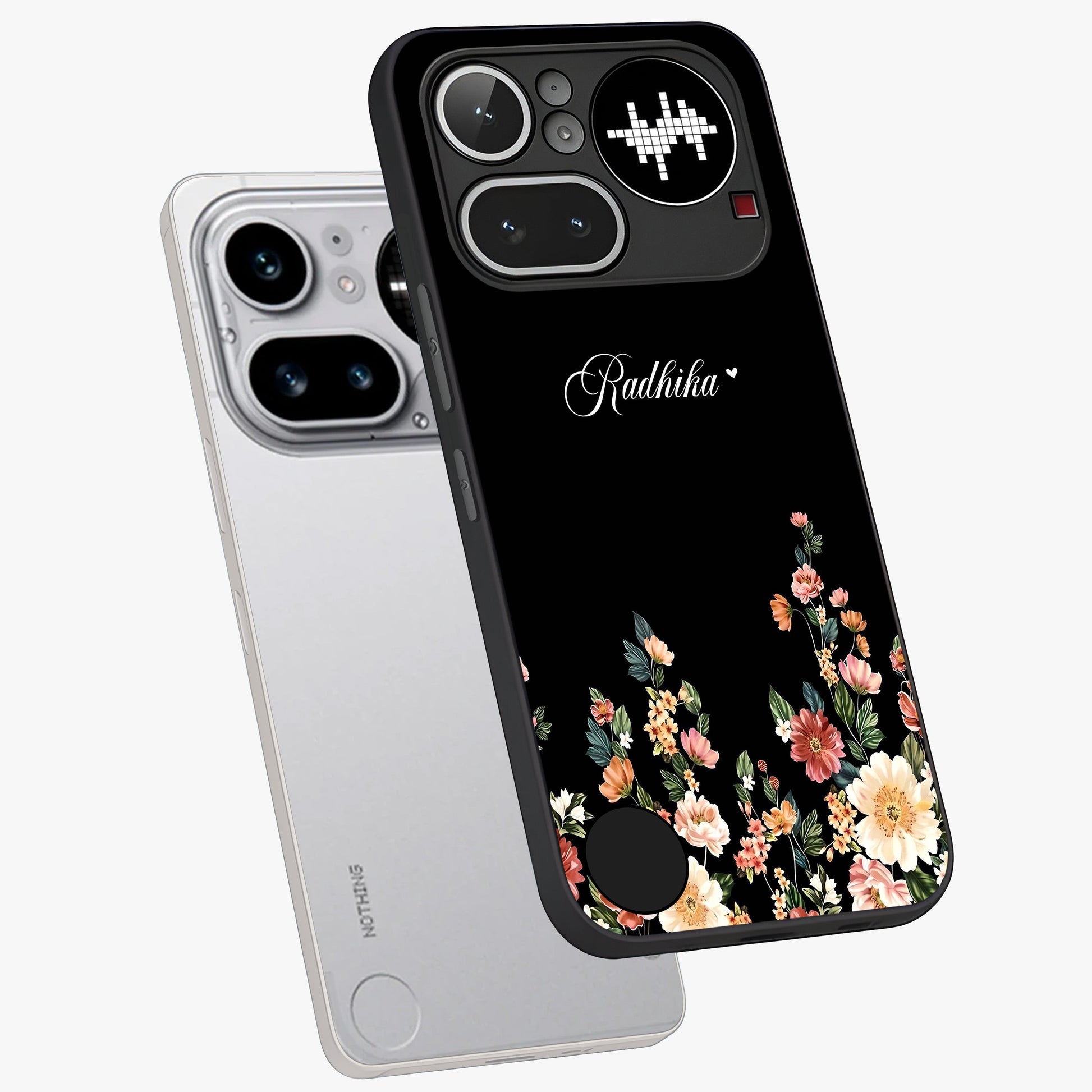 Floral Design With a Custom Personalized Name Glass Case displayed in angled mockup highlighting elegant floral pattern with custom name feature.