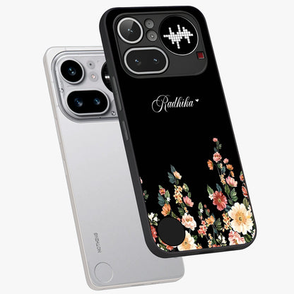 Floral Design With a Custom Personalized Name Glass Case displayed in angled mockup highlighting elegant floral pattern with custom name feature.