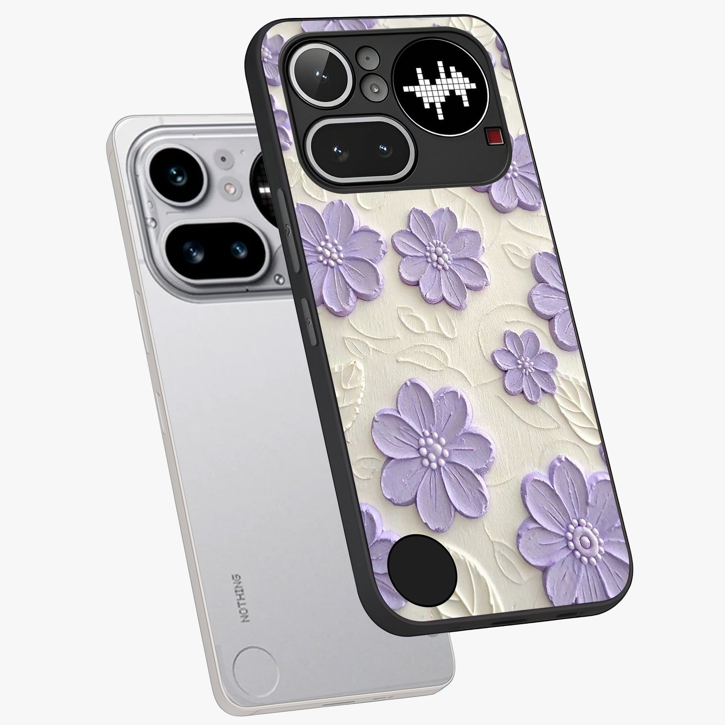 Floral Wall Art With Purple Flowers Glass Case displayed in angled mockup highlighting vibrant purple floral illustration with artistic aesthetic.