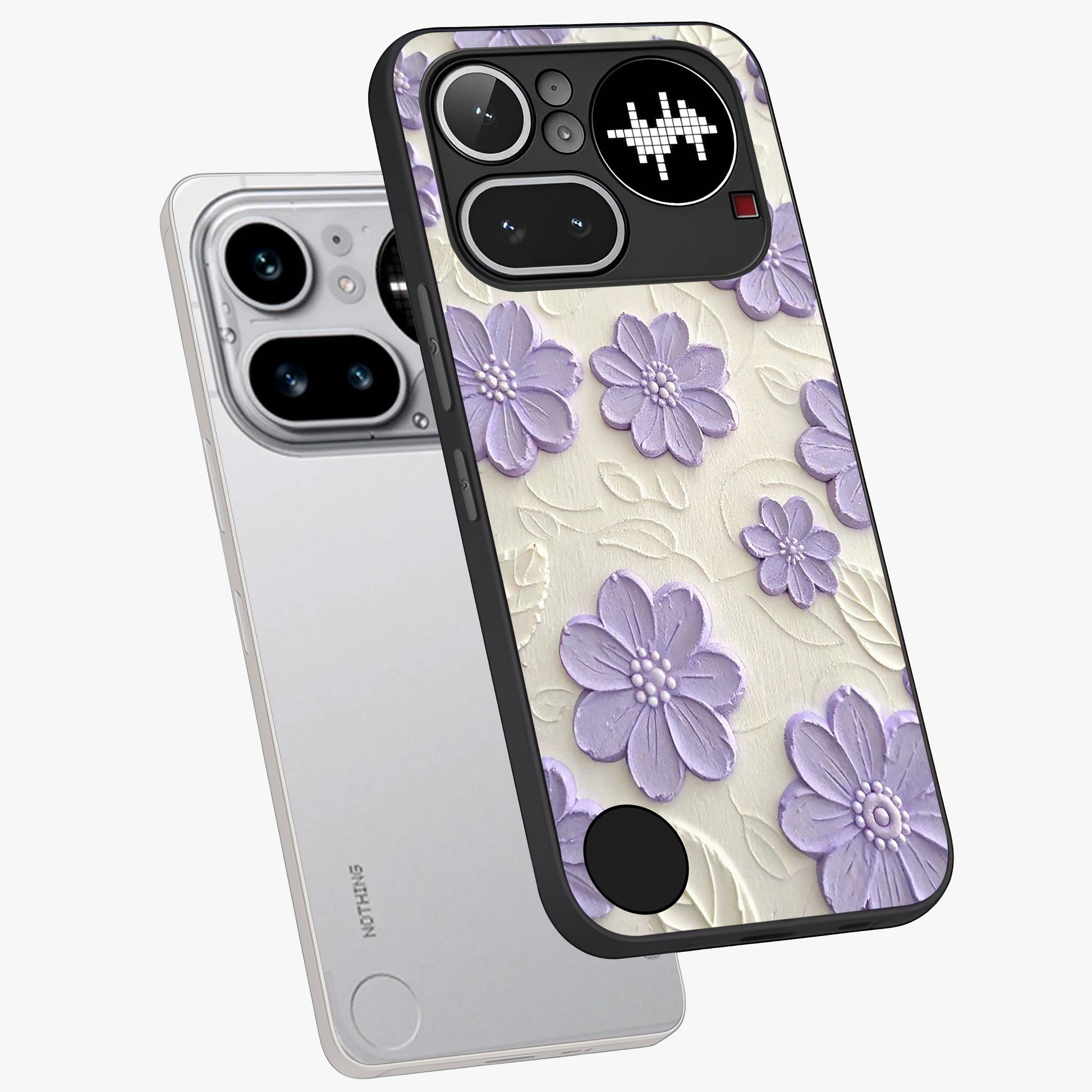 Floral Wall Art With Purple Flowers Glass Case displayed in angled mockup highlighting vibrant purple floral illustration with artistic aesthetic.