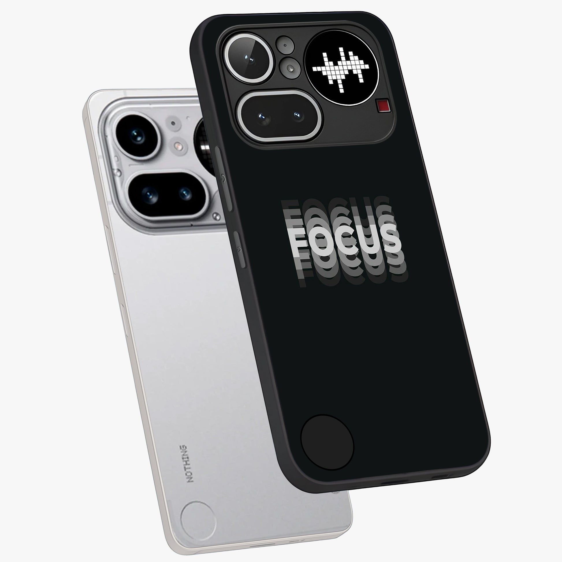 Focus Mode On Glass Case displayed in angled mockup highlighting clean minimal text artwork with modern aesthetic style.