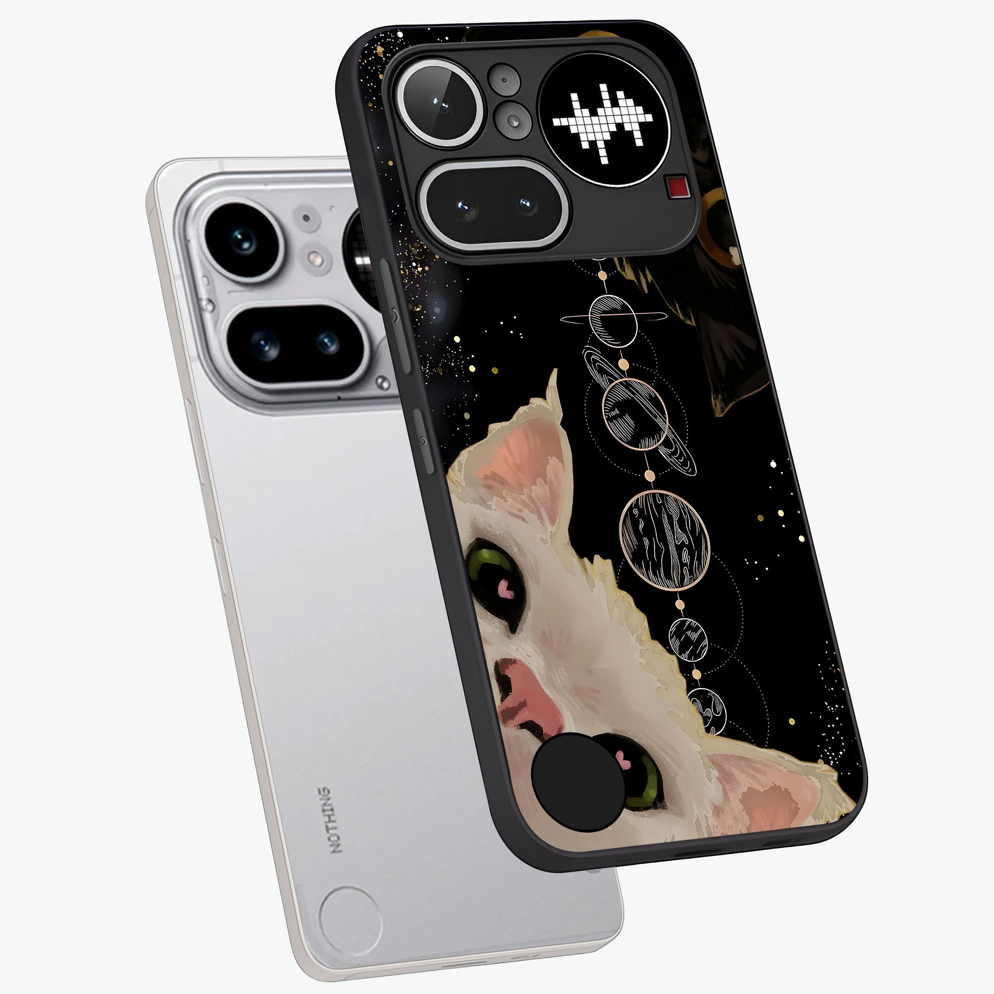 Galactic Cat Glass Case displayed in angled mockup highlighting celestial feline illustration with galaxy aesthetic style.