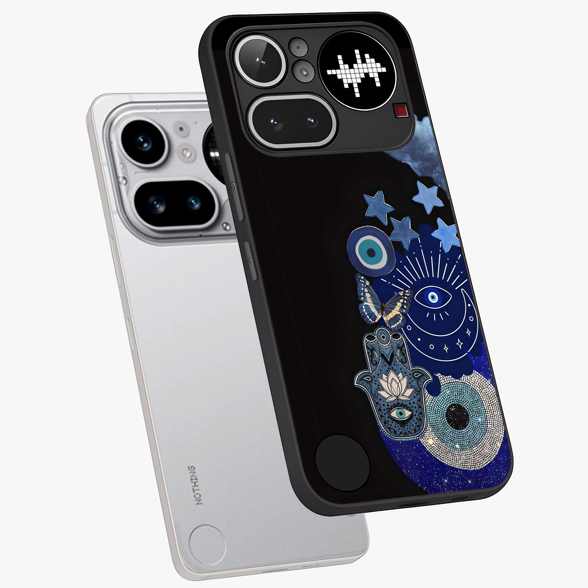 Galactic Charm Cluster Glass Case displayed in angled mockup highlighting luminous galaxy inspired design with dreamy aesthetic.