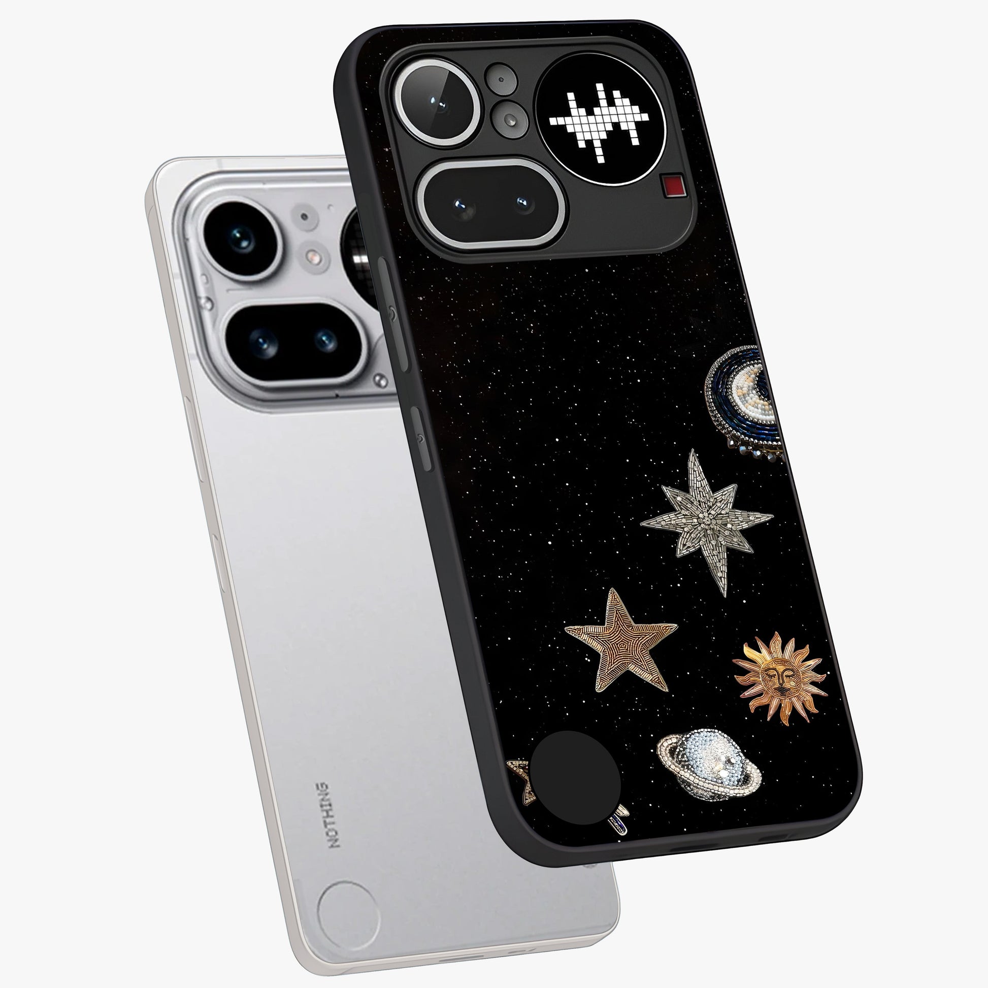 Galactic Charm Glow Glass Case displayed in angled mockup highlighting luminous galaxy inspired design with dreamy aesthetic.