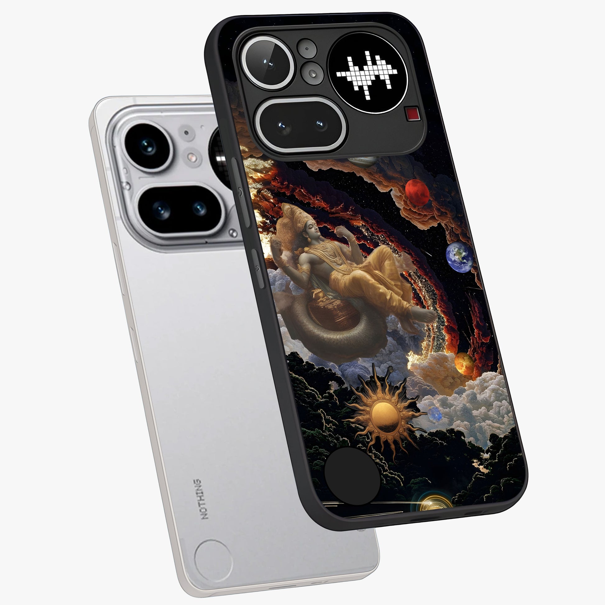 Galactic Divine God Glass Case displayed in angled mockup highlighting powerful celestial deity illustration with galactic aesthetic.