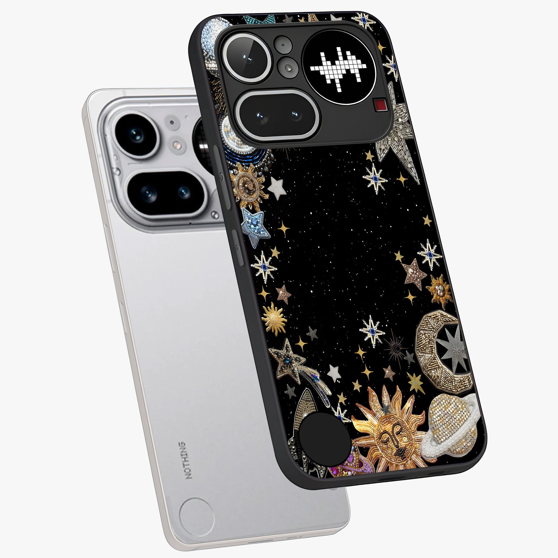 Galactic Jewel Stars Glass Case displayed in angled mockup highlighting shining celestial star design with cosmic aesthetic style.