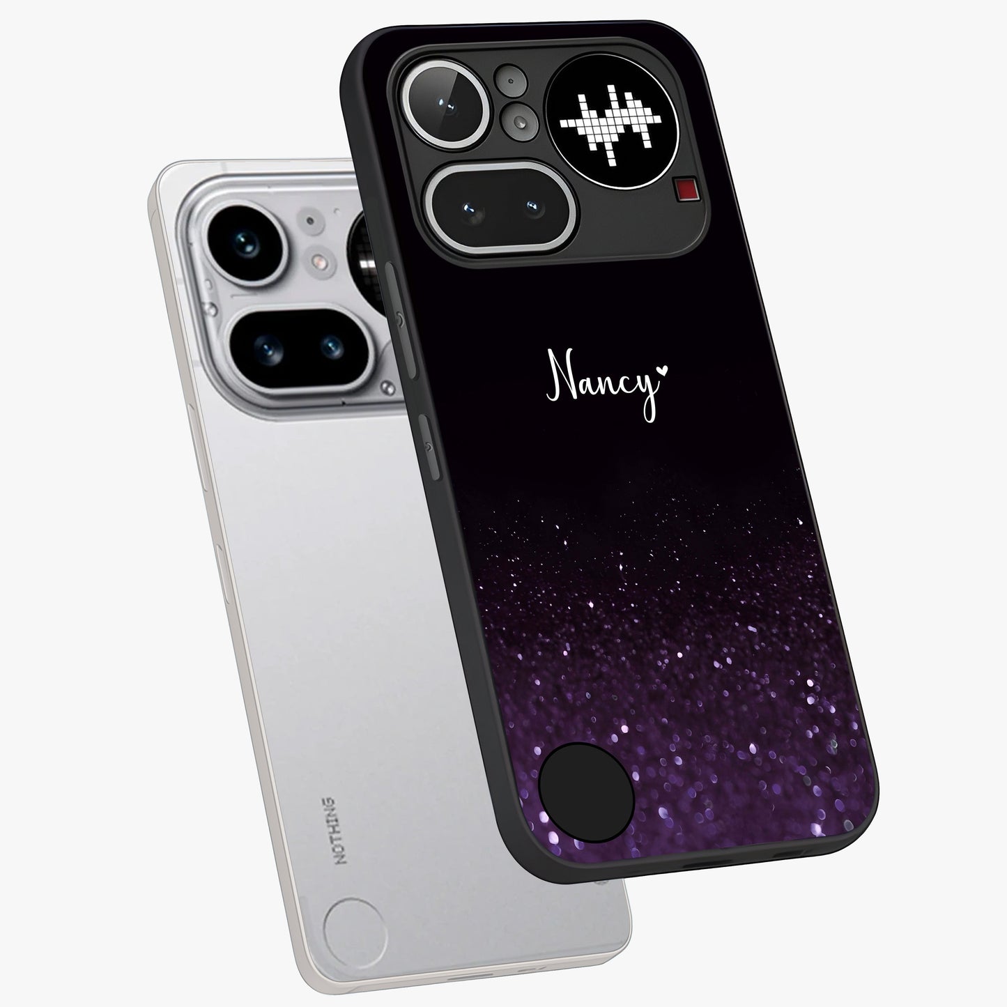 Glittery Purple Bokeh Custom Name Glass Case displayed in angled mockup highlighting glitter bokeh pattern with custom name feature.