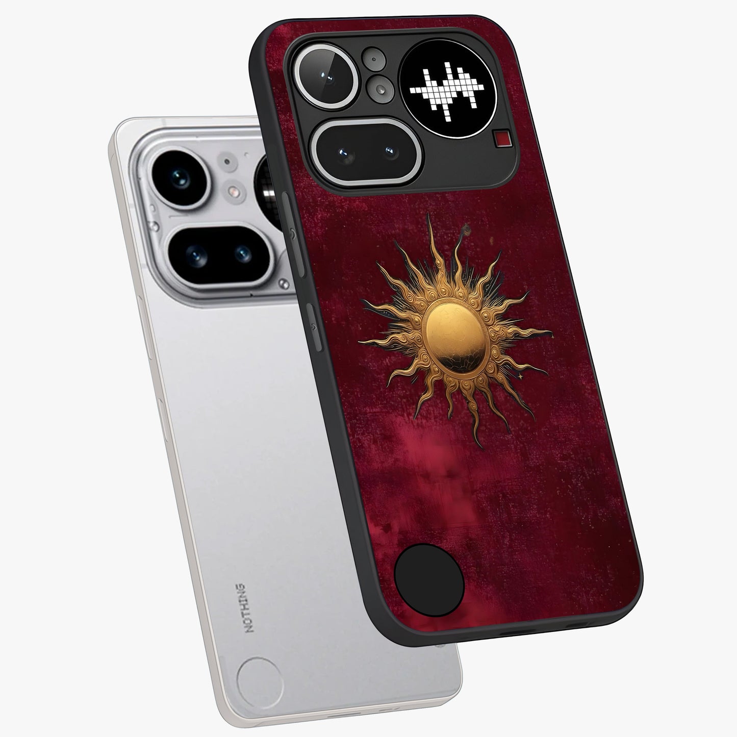 Golden Sun Minimalism Glass Case displayed in angled mockup highlighting clean sun symbol design with modern minimal aesthetic.