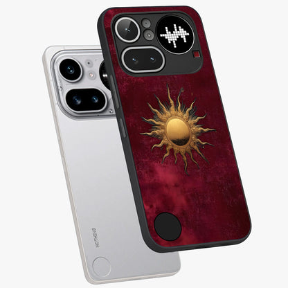 Golden Sun Minimalism Glass Case displayed in angled mockup highlighting clean sun symbol design with modern minimal aesthetic.