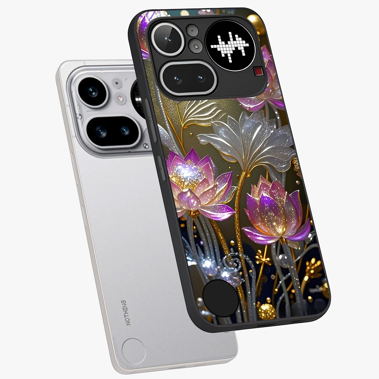 Golden Floral Majesty Glass Case displayed in angled mockup highlighting elegant flower design with royal golden aesthetic.