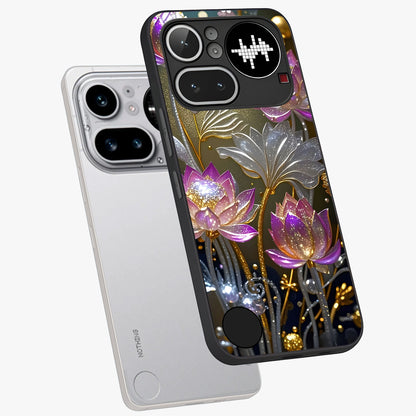 Golden Floral Majesty Glass Case displayed in angled mockup highlighting elegant flower design with royal golden aesthetic.