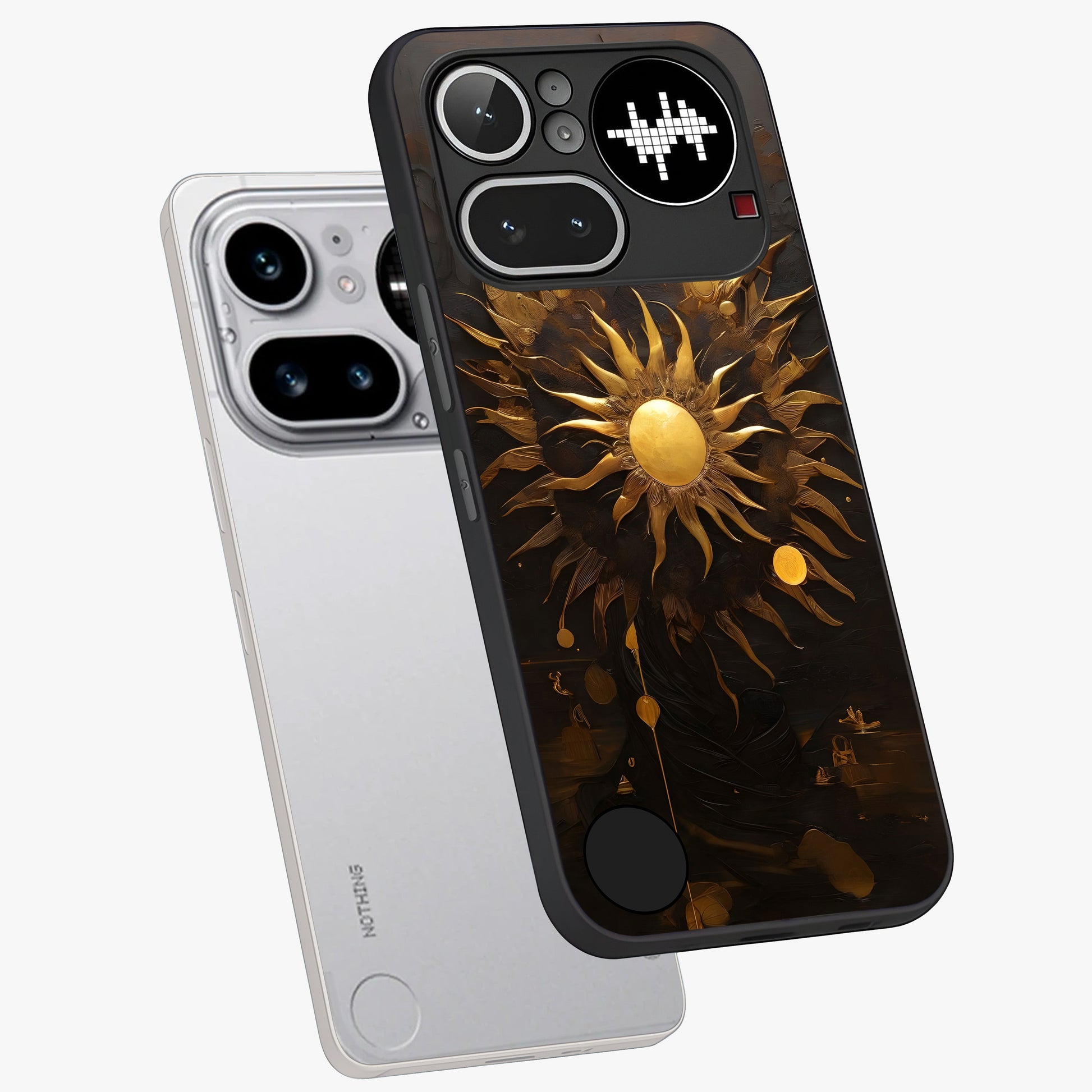 Golden Sun Majesty Glass Case displayed in angled mockup highlighting eerie shadow illustration with gothic aesthetic.