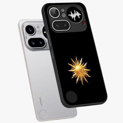 Golden Sun Minimalism Glass Case displayed in angled mockup highlighting eerie shadow illustration with gothic aesthetic.