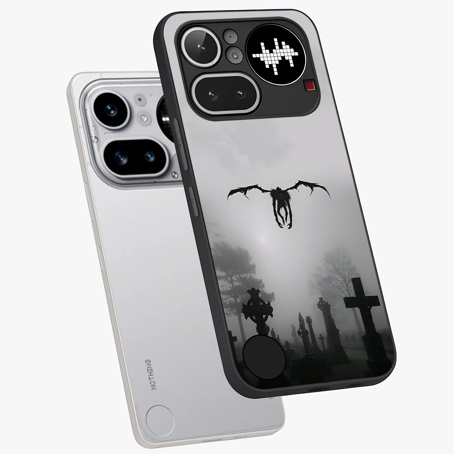 Graveyard Shadow Descent Glass Case displayed in angled mockup highlighting eerie shadow illustration with gothic aesthetic.