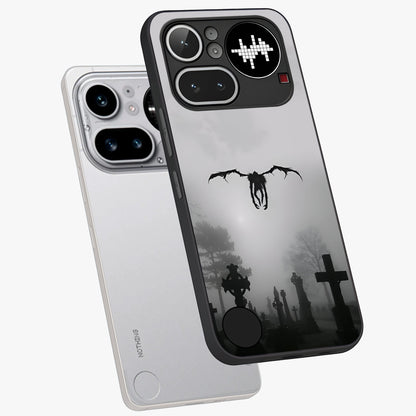 Graveyard Shadow Descent Glass Case displayed in angled mockup highlighting eerie shadow illustration with gothic aesthetic.