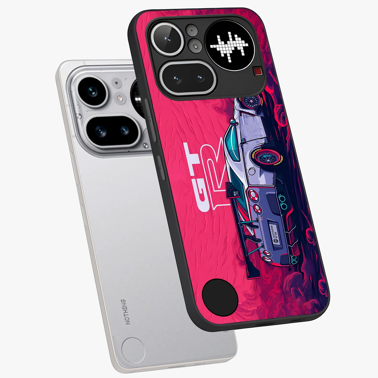 GT-R Car Pattern Glass Case displayed in angled mockup highlighting racing car graphic design with bold automotive aesthetic.