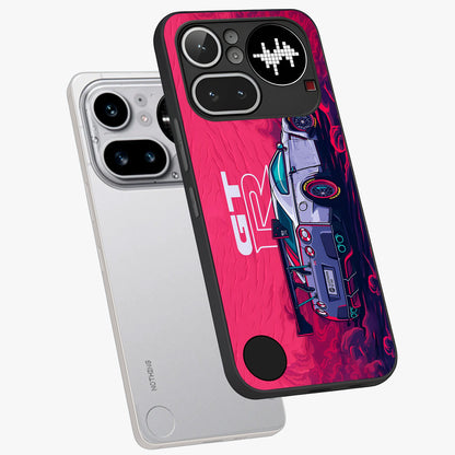 GT-R Car Pattern Glass Case displayed in angled mockup highlighting racing car graphic design with bold automotive aesthetic.