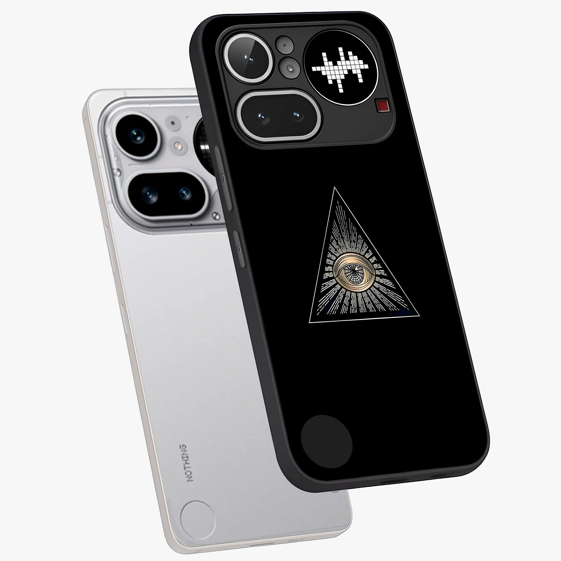 Illuminati Evil Glass Case displayed in angled mockup highlighting dark occult inspired design with bold aesthetic style.