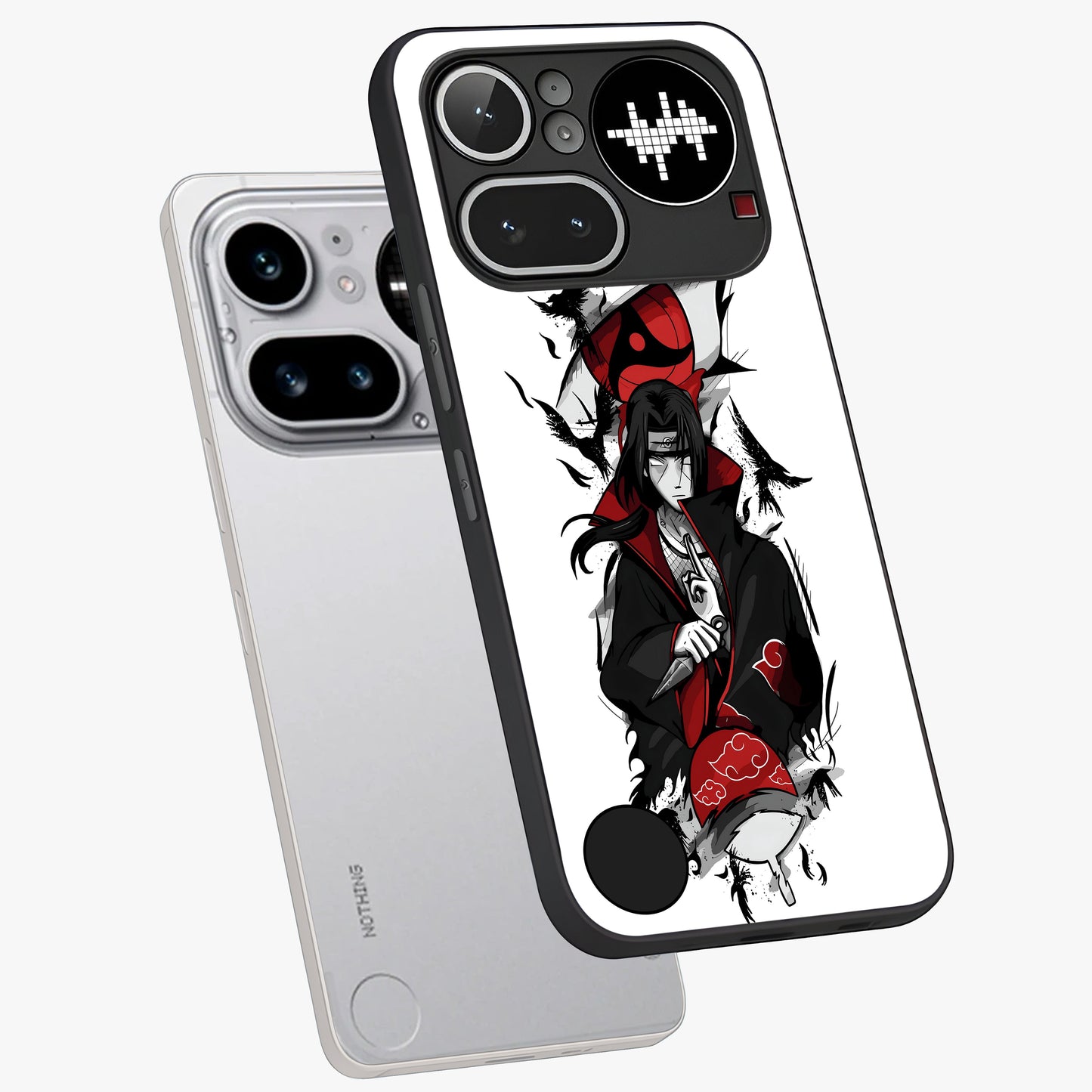 Itachi Limited Edition Naruto Anime Glass Case displayed in angled mockup highlighting dramatic anime illustration with bold action aesthetic.