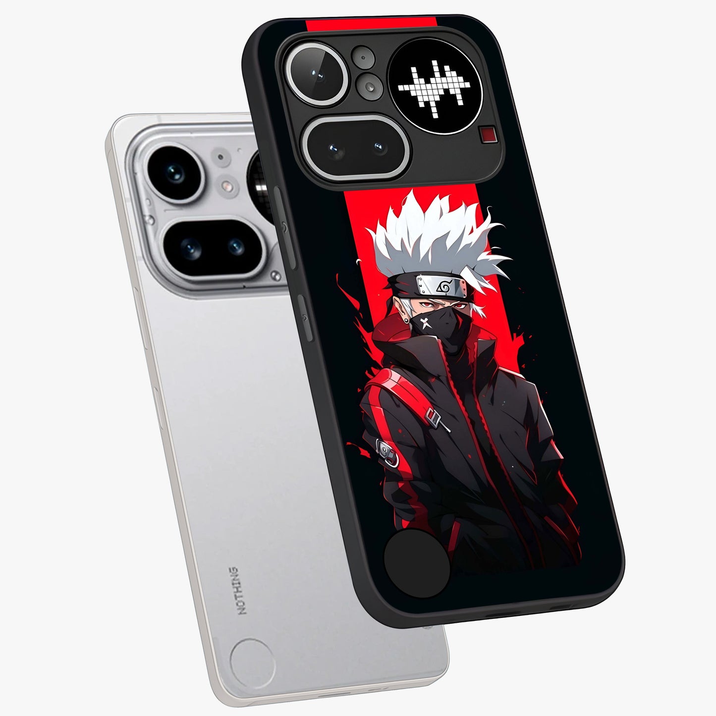 Kakashi Scarlet Shadow Glass Case displayed in angled mockup highlighting dramatic ninja illustration with scarlet themed aesthetic.
