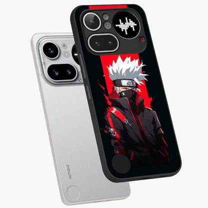 Kakashi Scarlet Shadow Glass Case displayed in angled mockup highlighting dramatic ninja illustration with scarlet themed aesthetic.