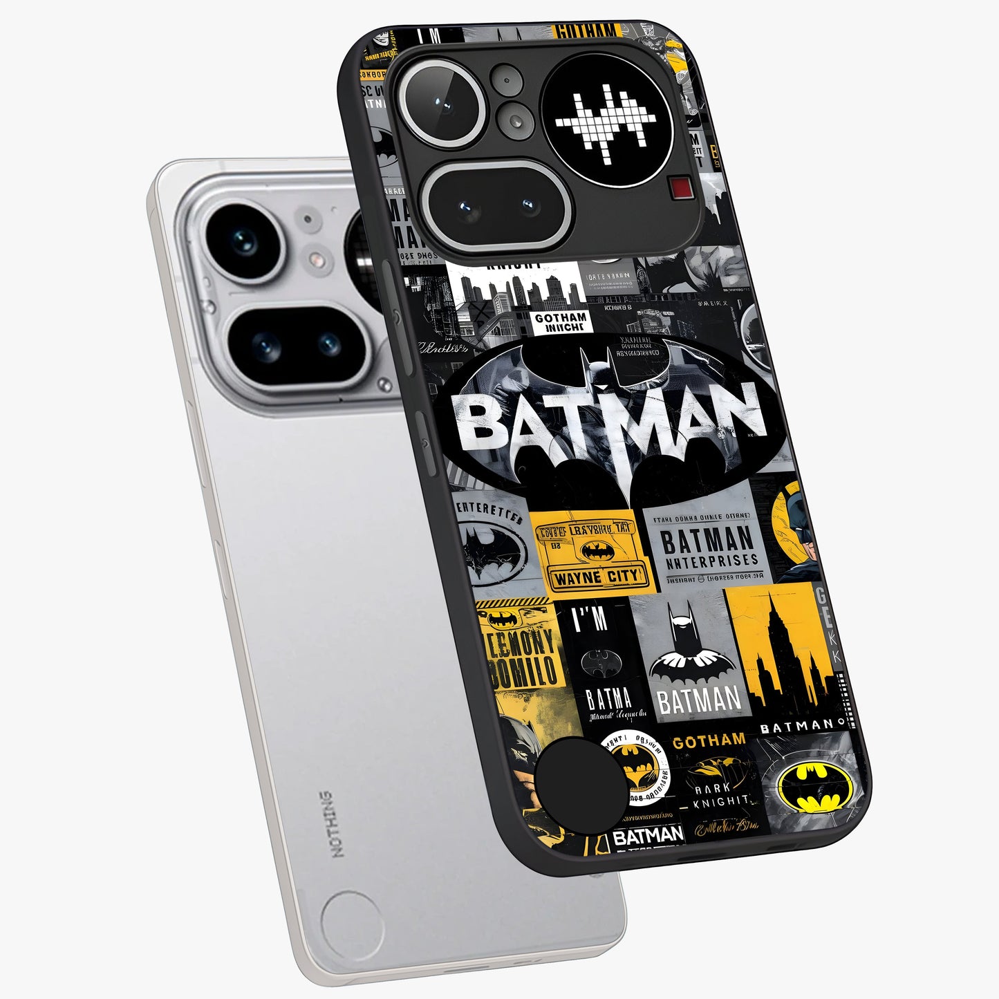 Knight Gotham Rise Glass Case displayed in angled mockup highlighting powerful knight silhouette design with dramatic aesthetic.