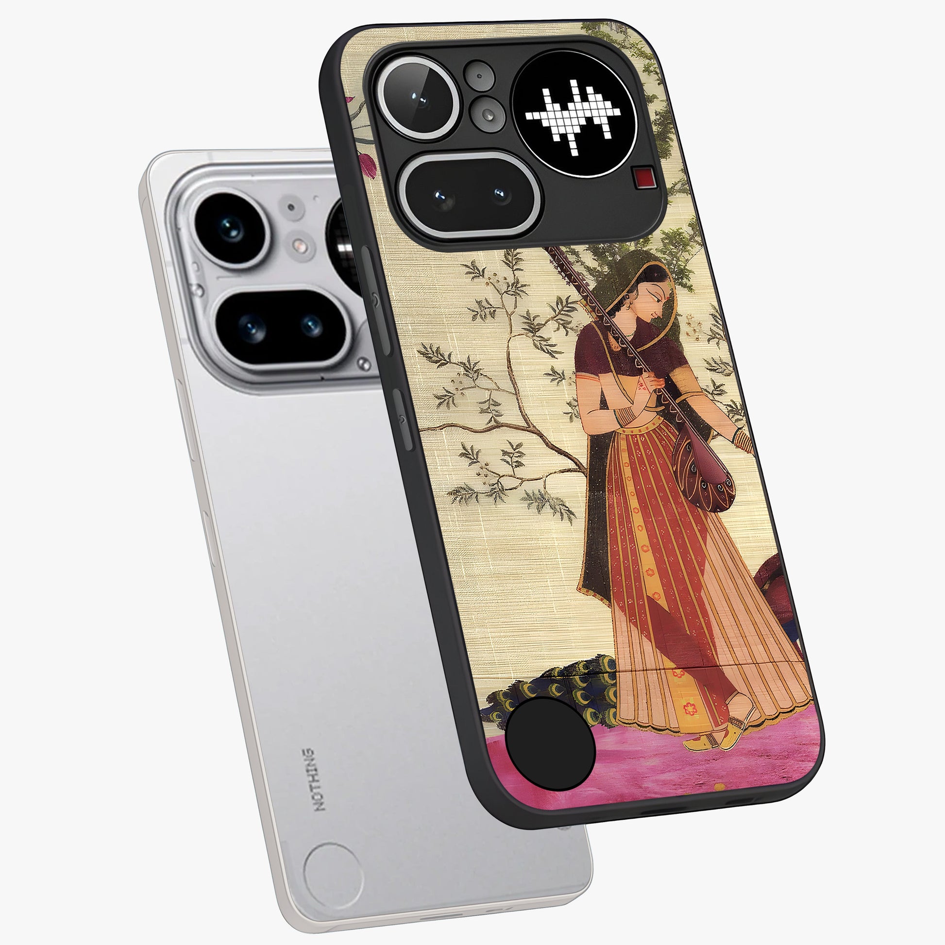 Lady With Veena Art Glass Case displayed in angled mockup highlighting graceful musical illustration with cultural artistic aesthetic.