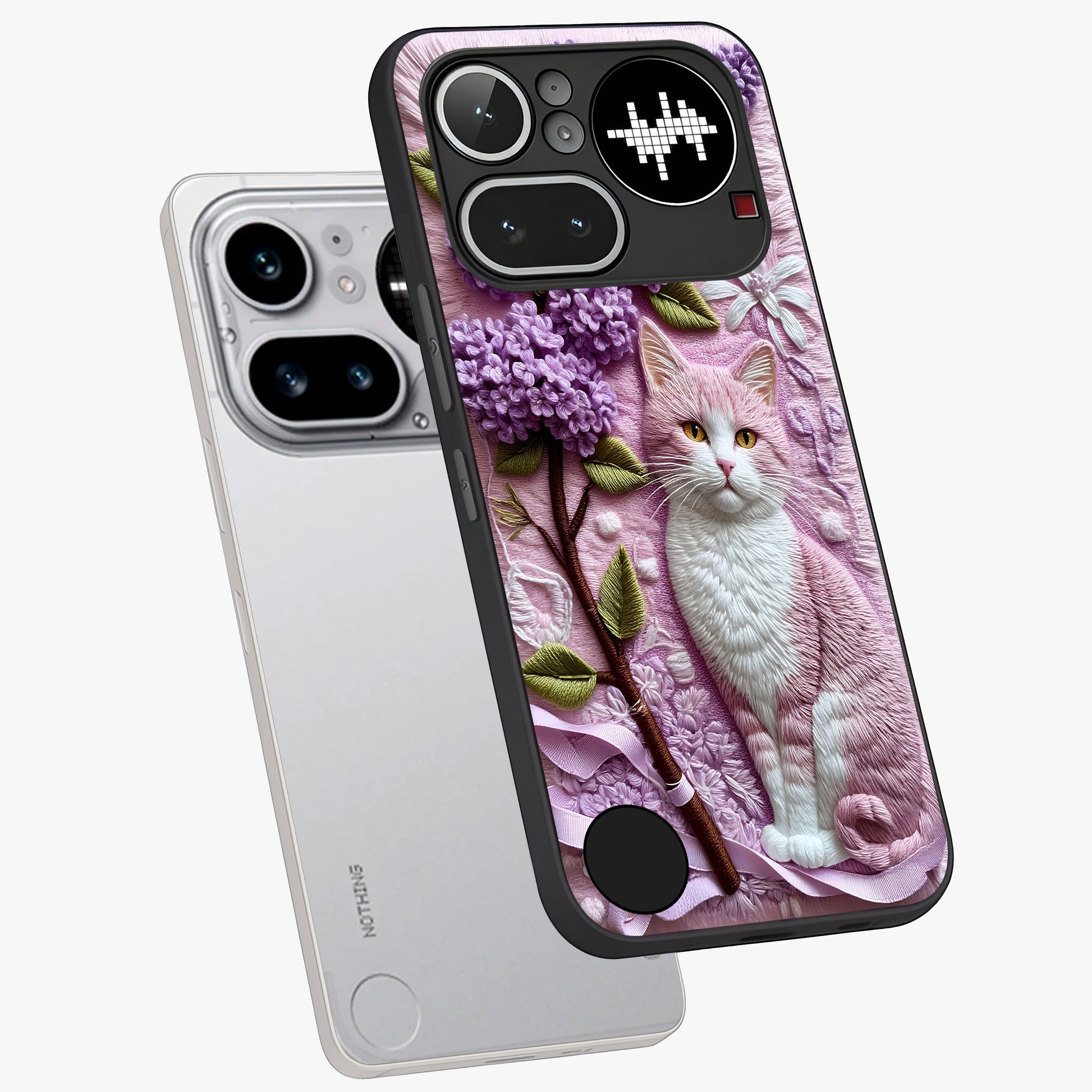 Lavender Cat Whimsy Glass Case displayed in angled mockup highlighting playful feline illustration with pastel lavender aesthetic.