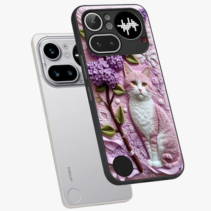 Lavender Cat Whimsy Glass Case displayed in angled mockup highlighting playful feline illustration with pastel lavender aesthetic.