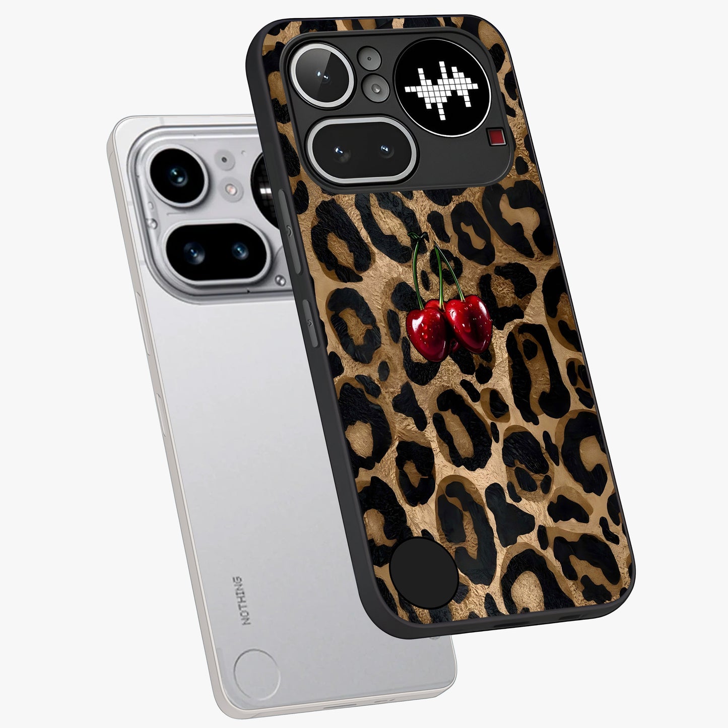 Leopard Wild Cherry Glass Case displayed in angled mockup highlighting bold animal print design with playful cherry aesthetic.