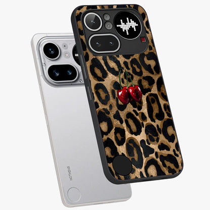 Leopard Wild Cherry Glass Case displayed in angled mockup highlighting bold animal print design with playful cherry aesthetic.