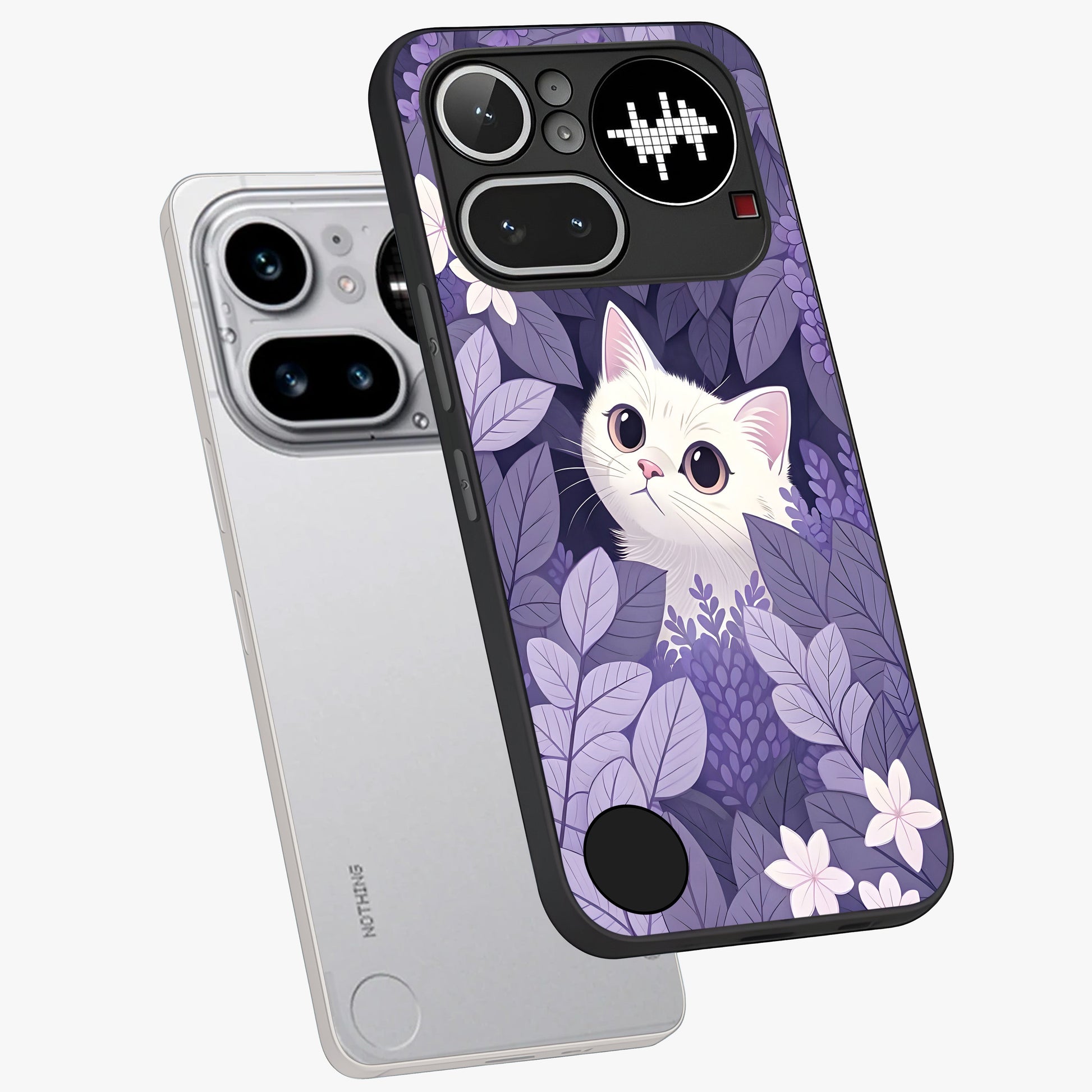 Lilac Hide Peek Cat Glass Case displayed in angled mockup highlighting playful feline illustration with lilac aesthetic design.