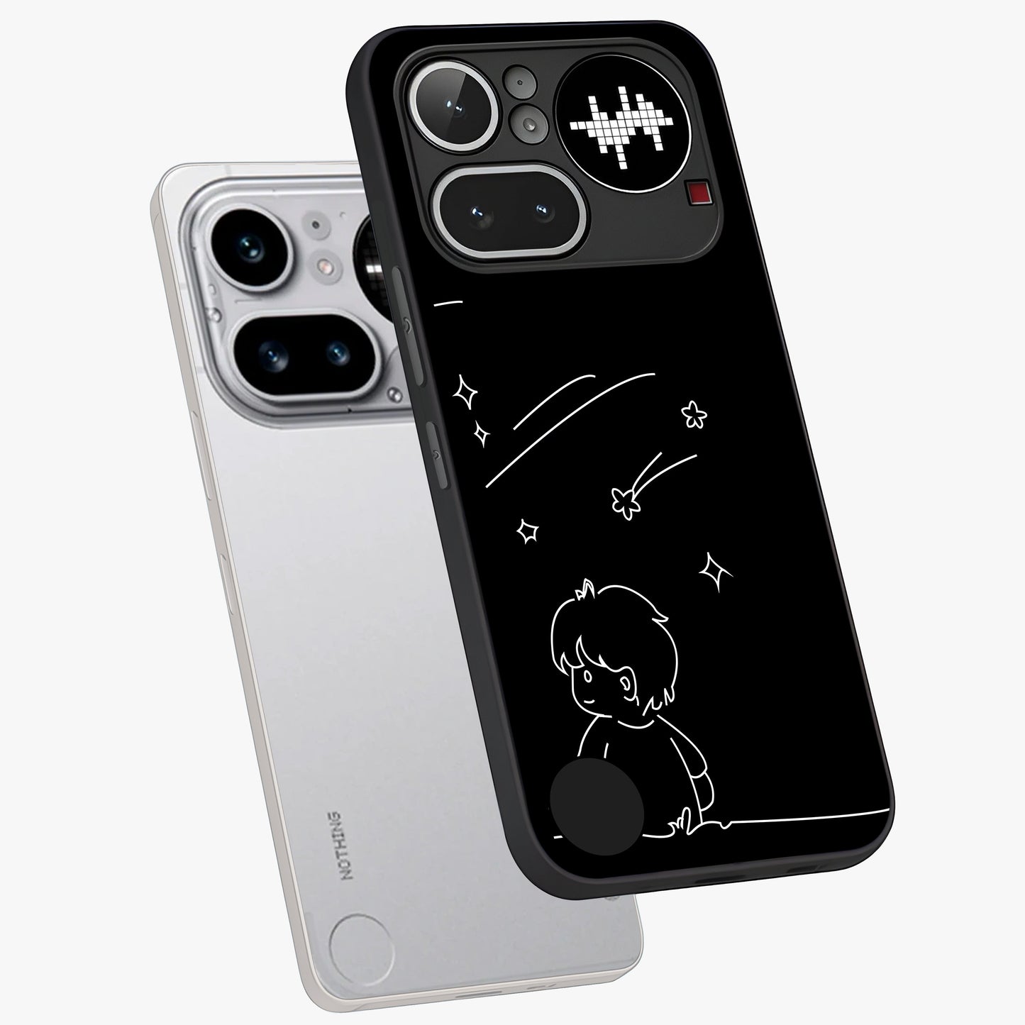 Line Art Boy With Shooting Stars Glass Case displayed in angled mockup highlighting elegant line art design with dreamy star aesthetic.