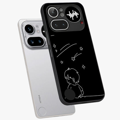 Line Art Boy With Shooting Stars Glass Case displayed in angled mockup highlighting elegant line art design with dreamy star aesthetic.