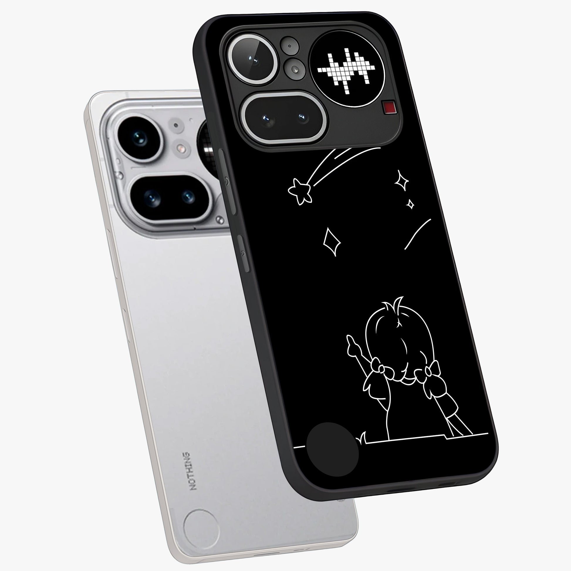Line Art Girl With Shooting Stars Glass Case displayed in angled mockup highlighting elegant line art design with dreamy star aesthetic.