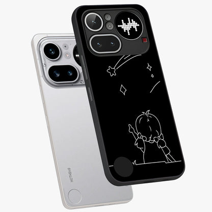Line Art Girl With Shooting Stars Glass Case displayed in angled mockup highlighting elegant line art design with dreamy star aesthetic.