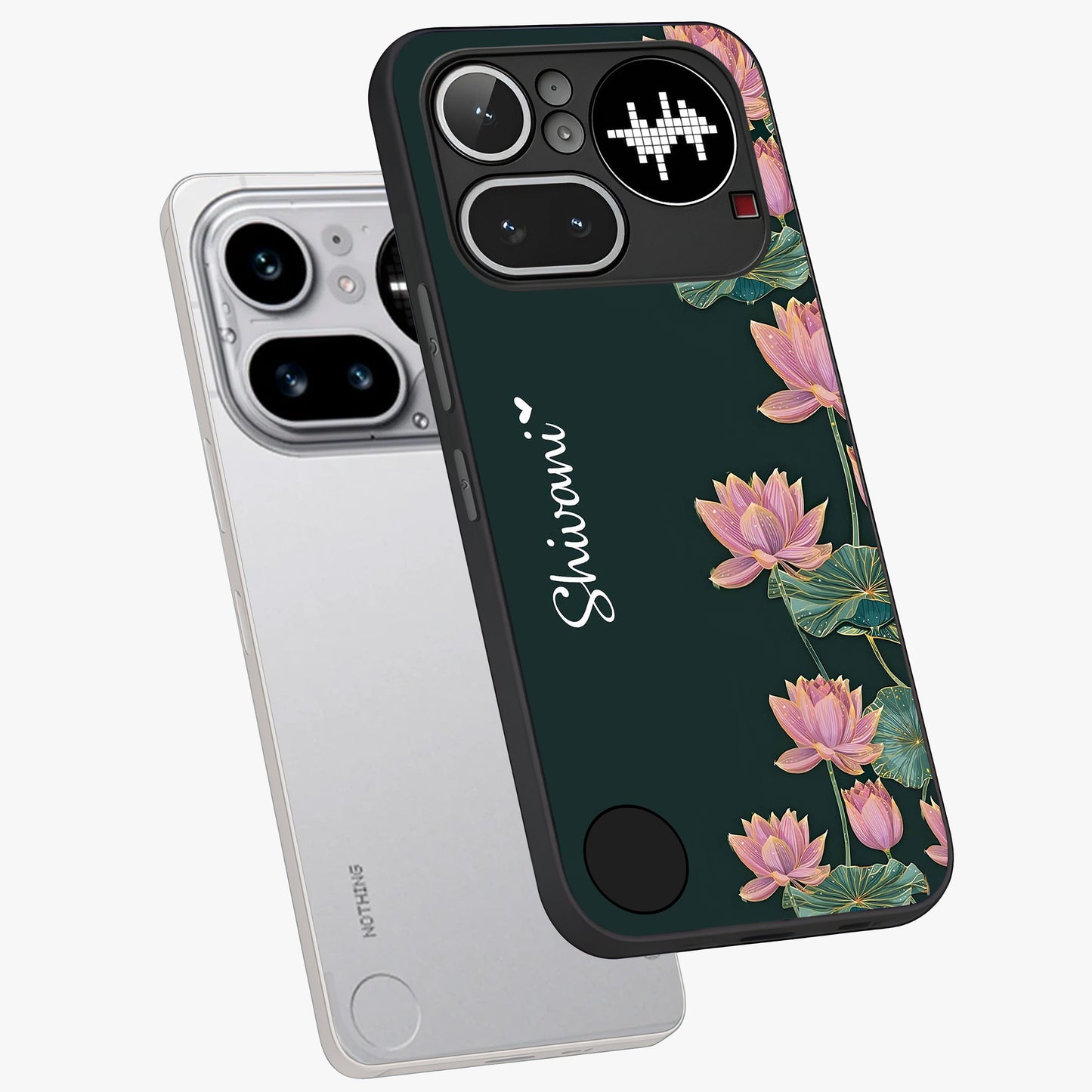 Lotus Bloom Serenity Custom Name Glass Case displayed in angled mockup highlighting graceful lotus illustration with custom name feature.