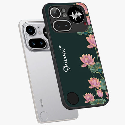 Lotus Bloom Serenity Custom Name Glass Case displayed in angled mockup highlighting graceful lotus illustration with custom name feature.
