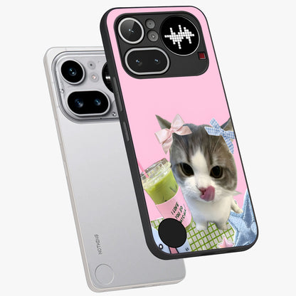 Love Matcha Cat Glass Case displayed in angled mockup highlighting playful feline illustration with cozy matcha aesthetic.
