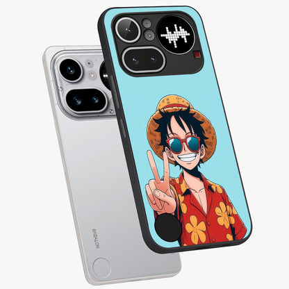 Luffy Summer Anime Vibe Glass Case displayed in angled mockup highlighting energetic anime illustration with summer vibe aesthetic.