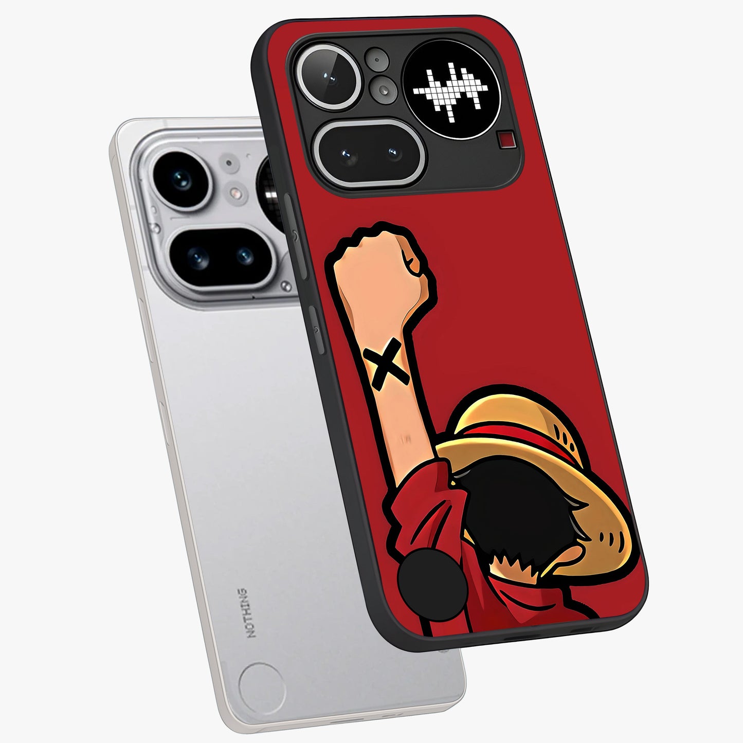 Luffy X Spirit Glass Case displayed in angled mockup highlighting powerful anime design with energetic action aesthetic.