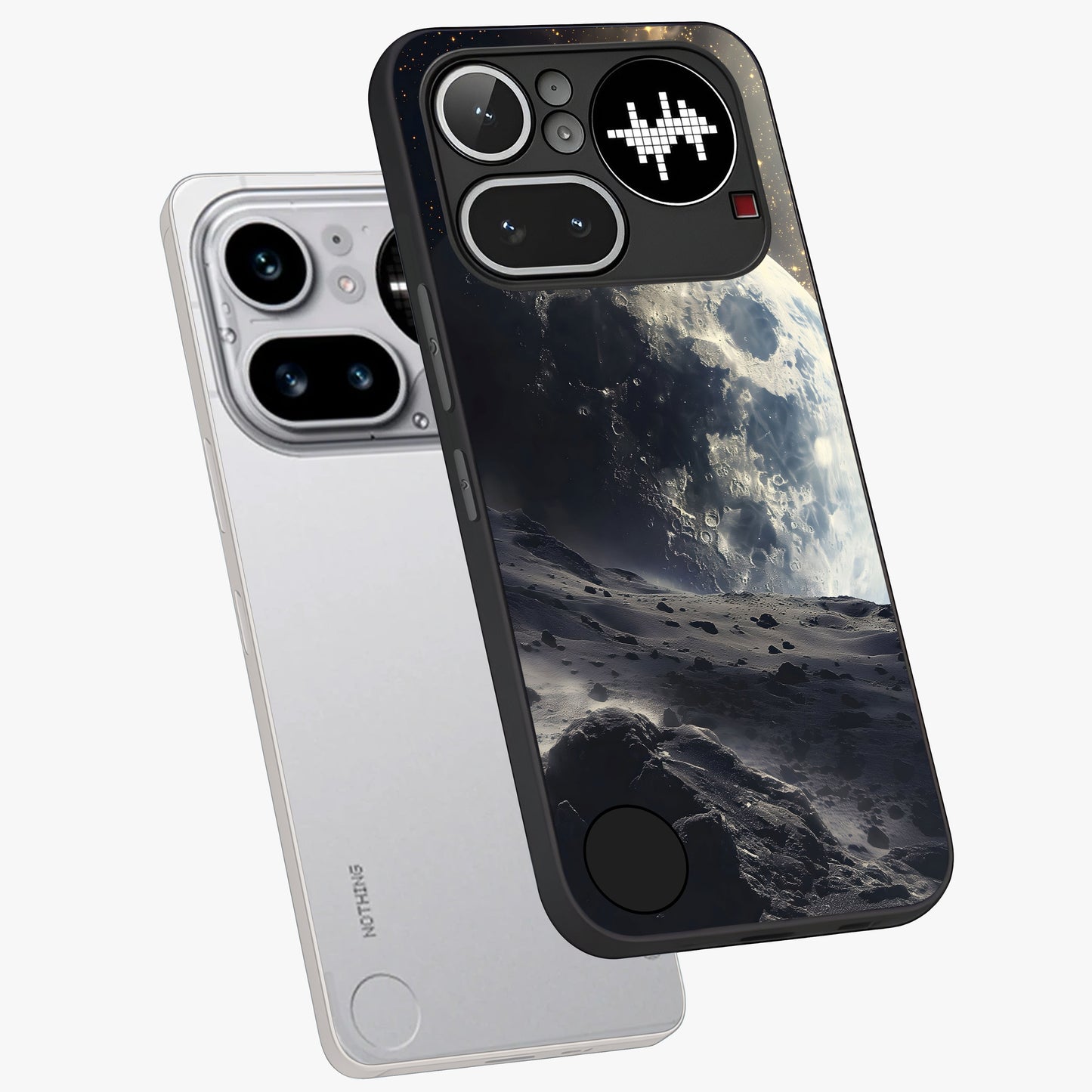 Lunar Horizon Glow Glass Case displayed in angled mockup highlighting celestial moon design with dreamy night aesthetic.