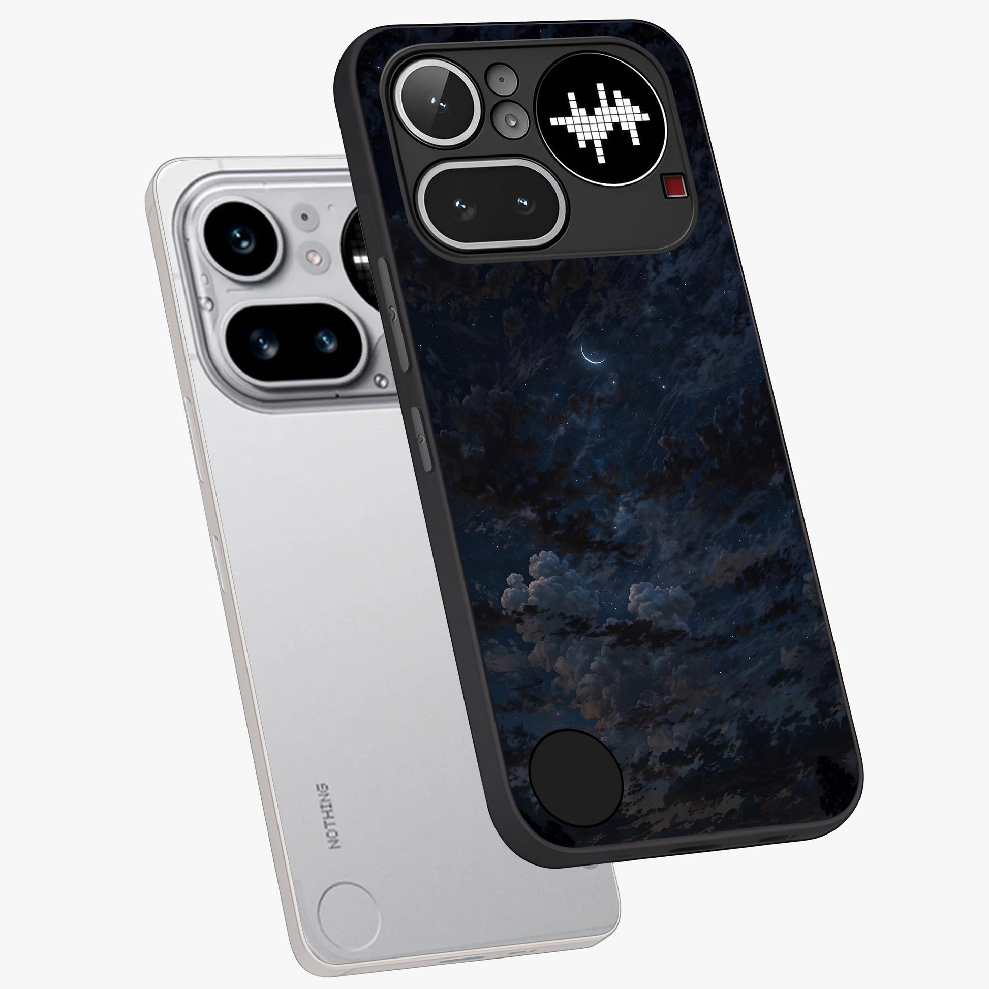 Lunar Veil Silence Glass Case displayed in angled mockup highlighting soft lunar design with peaceful celestial aesthetic.