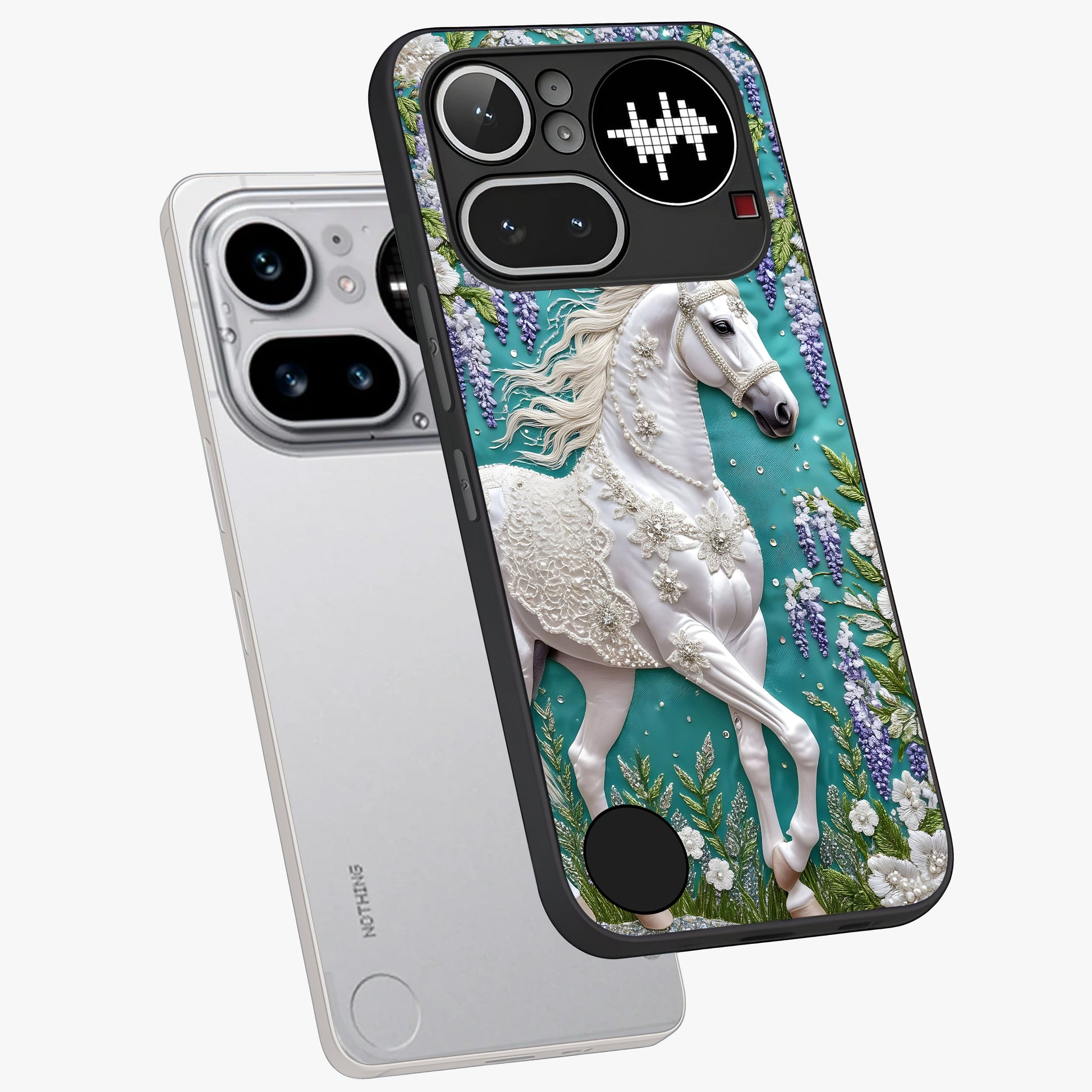Majestic Floral Stallion Glass Case displayed in angled mockup highlighting majestic stallion illustration with elegant floral aesthetic.