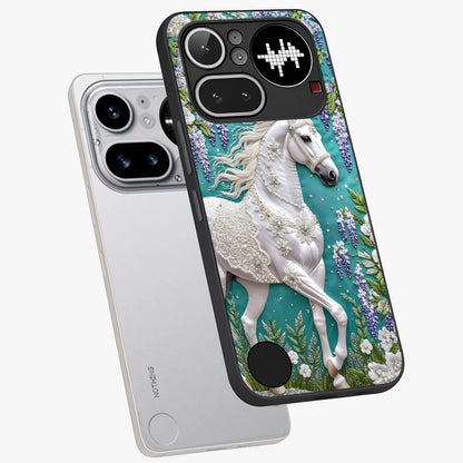 Majestic Floral Stallion Glass Case displayed in angled mockup highlighting majestic stallion illustration with elegant floral aesthetic.