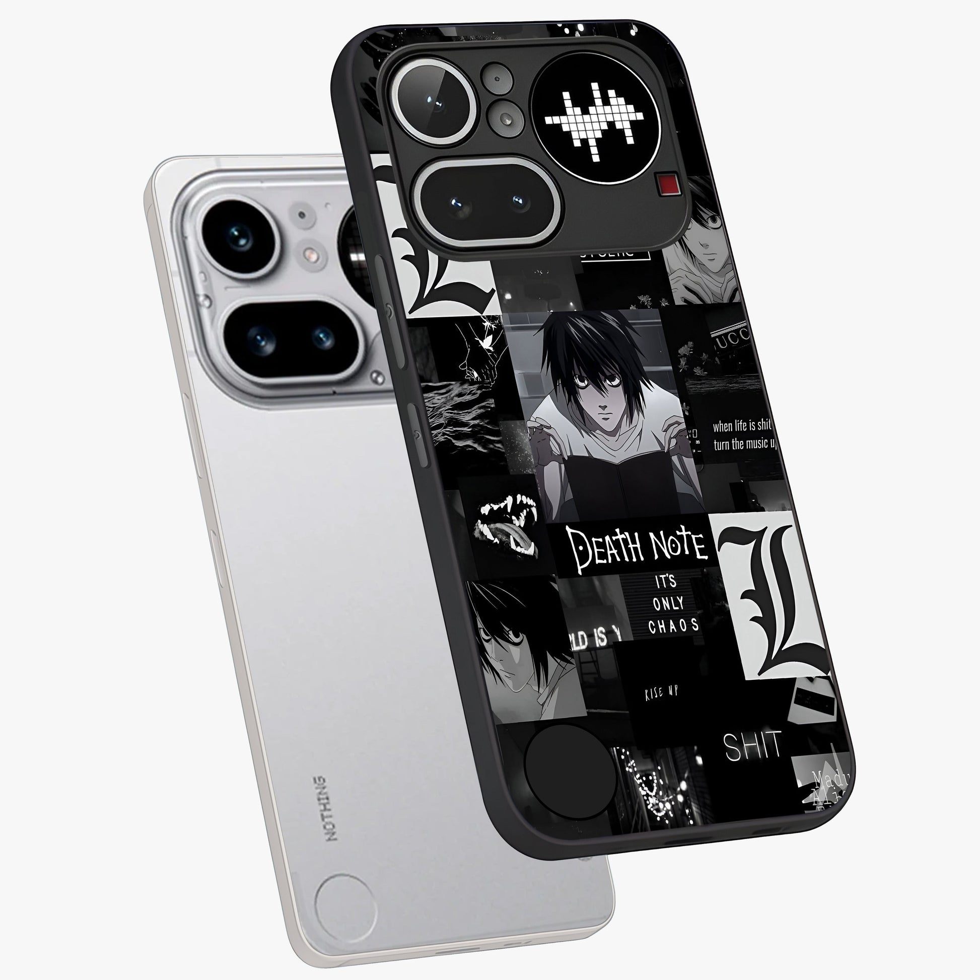 Midnight Chaos Mind Glass Case displayed in angled mockup highlighting chaotic artistic design with dramatic midnight aesthetic.