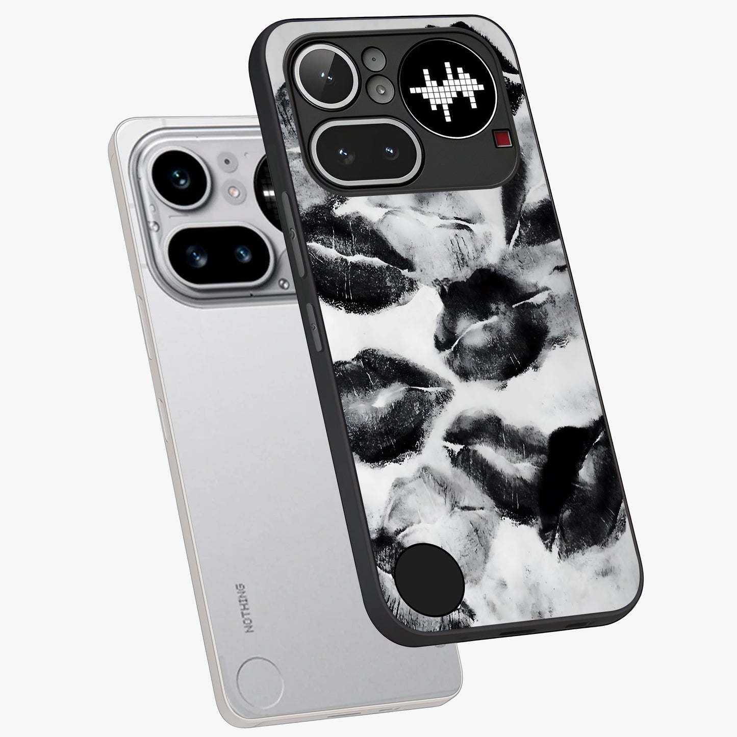 Midnight Kiss Marks Glass Case displayed in angled mockup highlighting playful romantic design with bold midnight aesthetic.